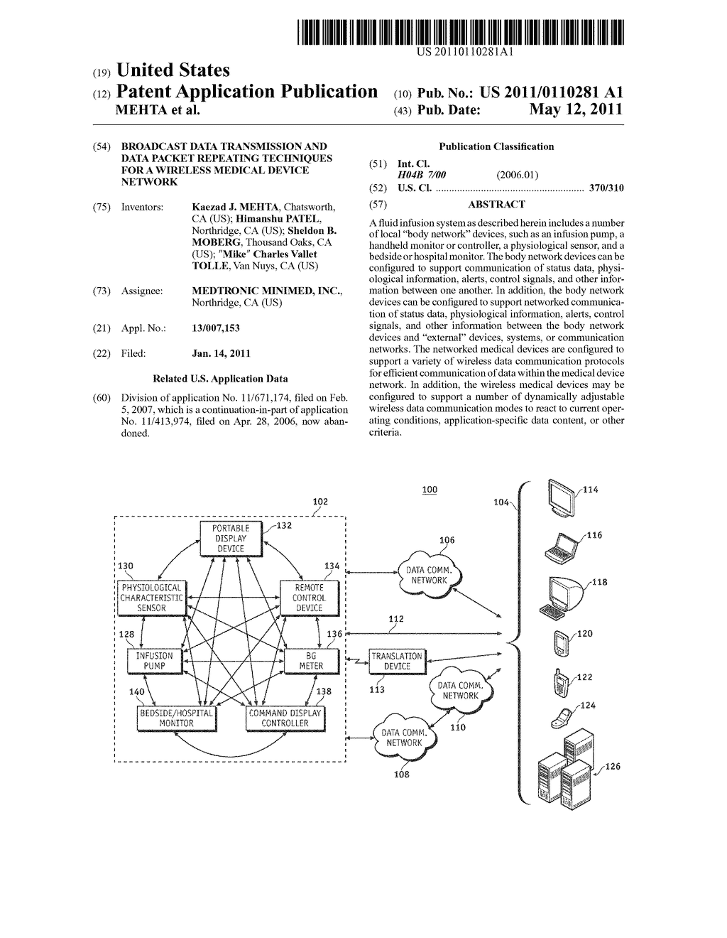 BROADCAST DATA TRANSMISSION AND DATA PACKET REPEATING TECHNIQUES FOR A WIRELESS MEDICAL DEVICE NETWORK - diagram, schematic, and image 01