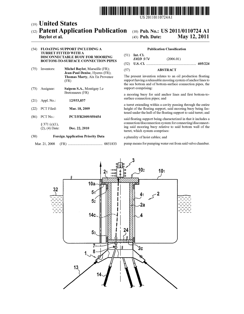 Floating Support Including a Turret Fitted with a Disconnectable Buoy for Mooring Bottom-to-Surface Connection Pipes - diagram, schematic, and image 01