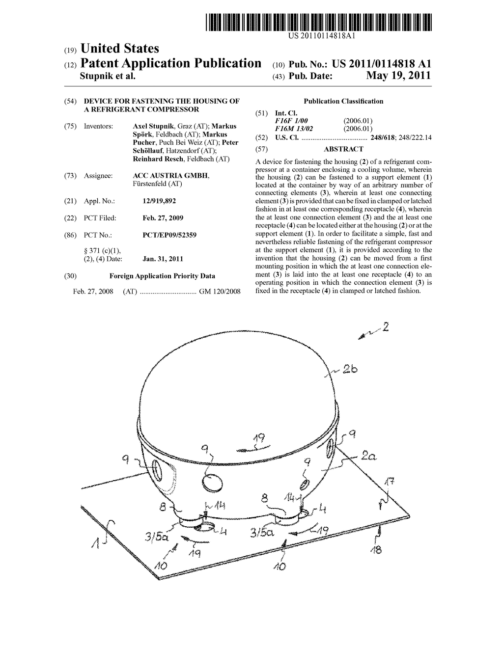 DEVICE FOR FASTENING THE HOUSING OF A REFRIGERANT COMPRESSOR - diagram, schematic, and image 01