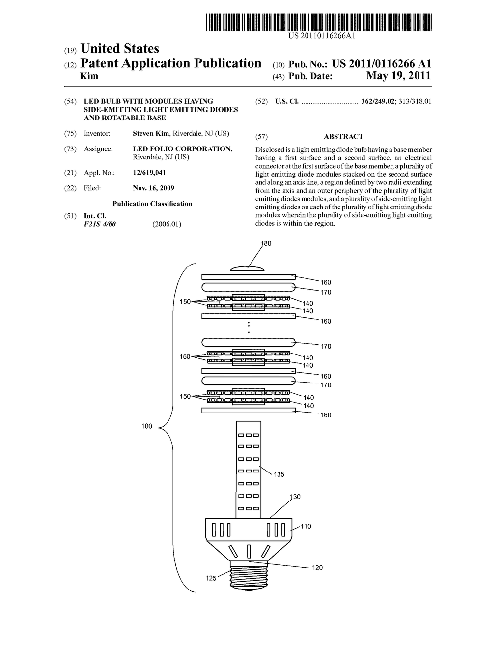 LED BULB WITH MODULES HAVING SIDE-EMITTING LIGHT EMITTING DIODES AND ROTATABLE BASE - diagram, schematic, and image 01