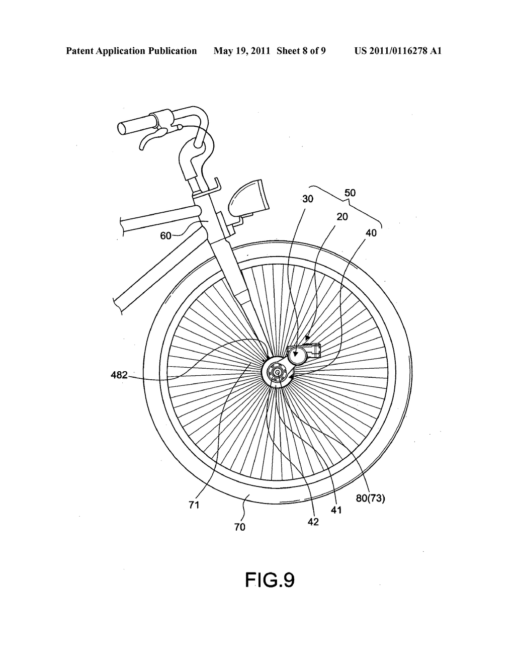 Combined device for power generation and illumination mounted on the wheel axle of a bicycle - diagram, schematic, and image 09