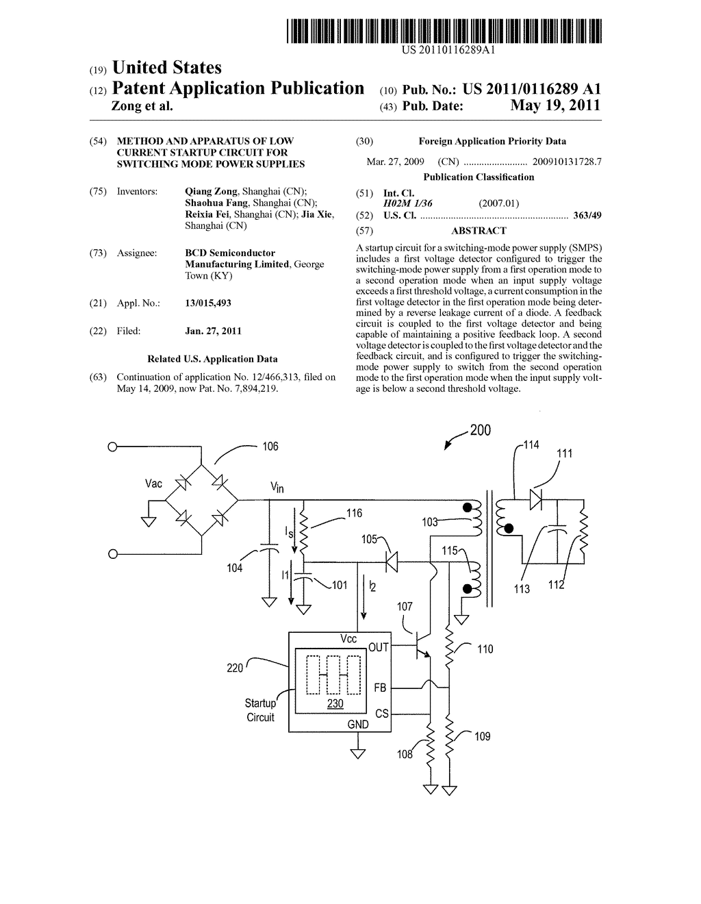 METHOD AND APPARATUS OF LOW CURRENT STARTUP CIRCUIT FOR SWITCHING MODE POWER SUPPLIES - diagram, schematic, and image 01