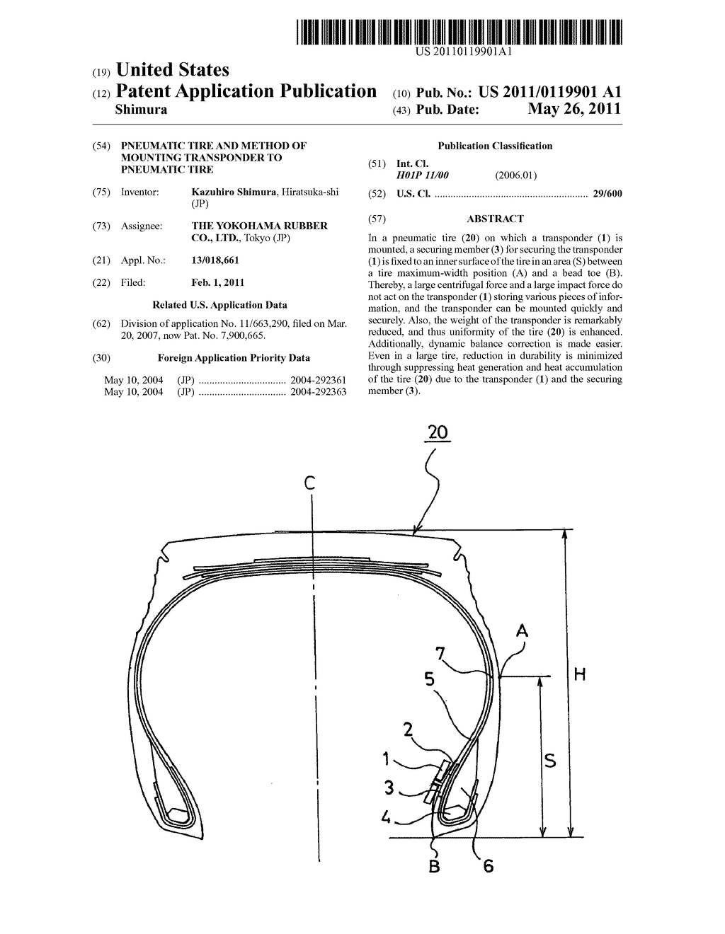PNEUMATIC TIRE AND METHOD OF MOUNTING TRANSPONDER TO PNEUMATIC TIRE - diagram, schematic, and image 01