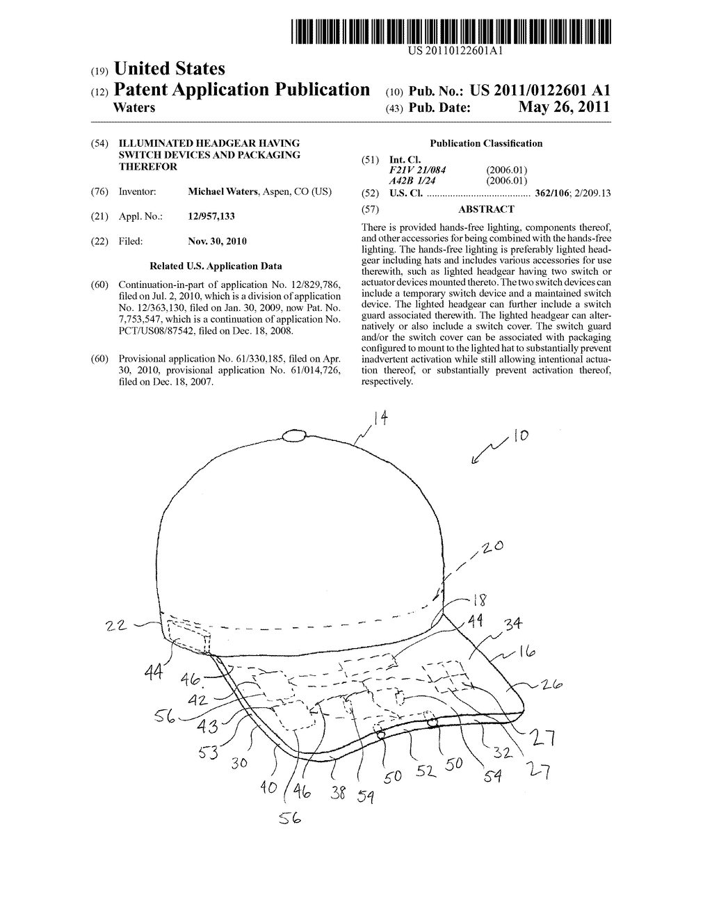 ILLUMINATED HEADGEAR HAVING SWITCH DEVICES AND PACKAGING THEREFOR - diagram, schematic, and image 01