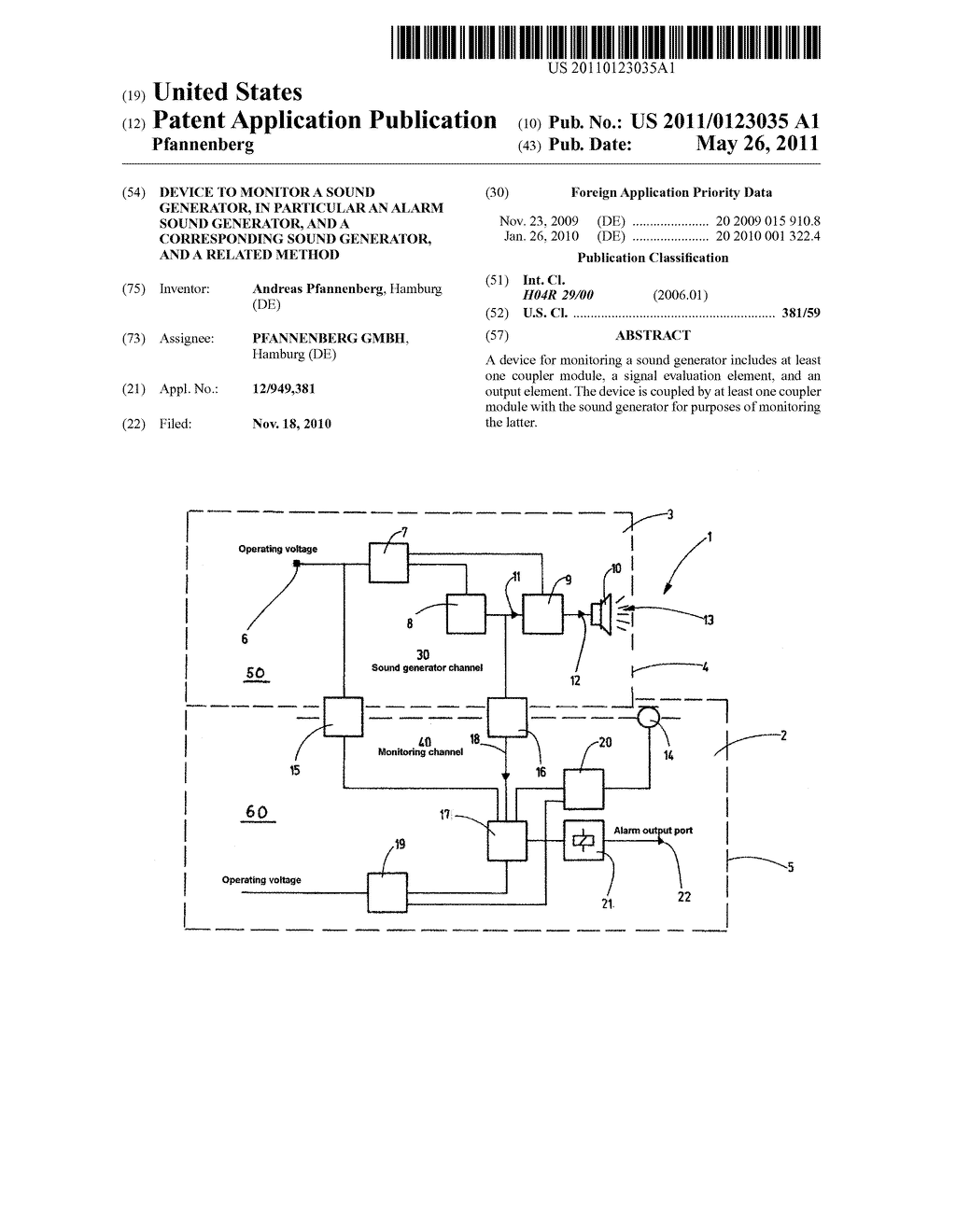 DEVICE TO MONITOR A SOUND GENERATOR, IN PARTICULAR AN ALARM SOUND GENERATOR, AND A CORRESPONDING SOUND GENERATOR, AND A RELATED METHOD - diagram, schematic, and image 01