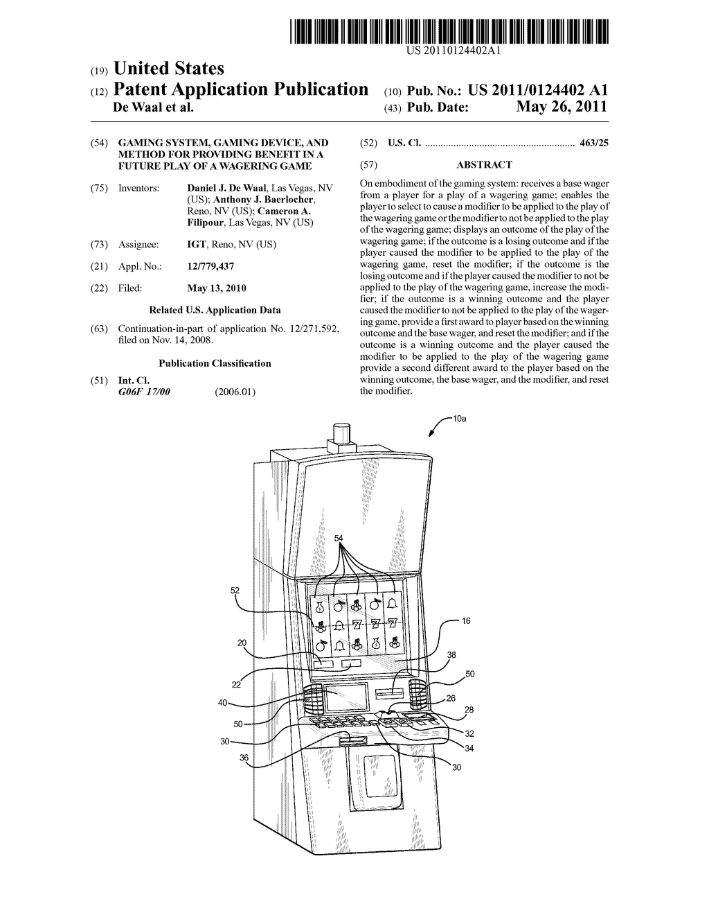 GAMING SYSTEM, GAMING DEVICE, AND METHOD FOR PROVIDING BENEFIT IN A FUTURE PLAY OF A WAGERING GAME - diagram, schematic, and image 01