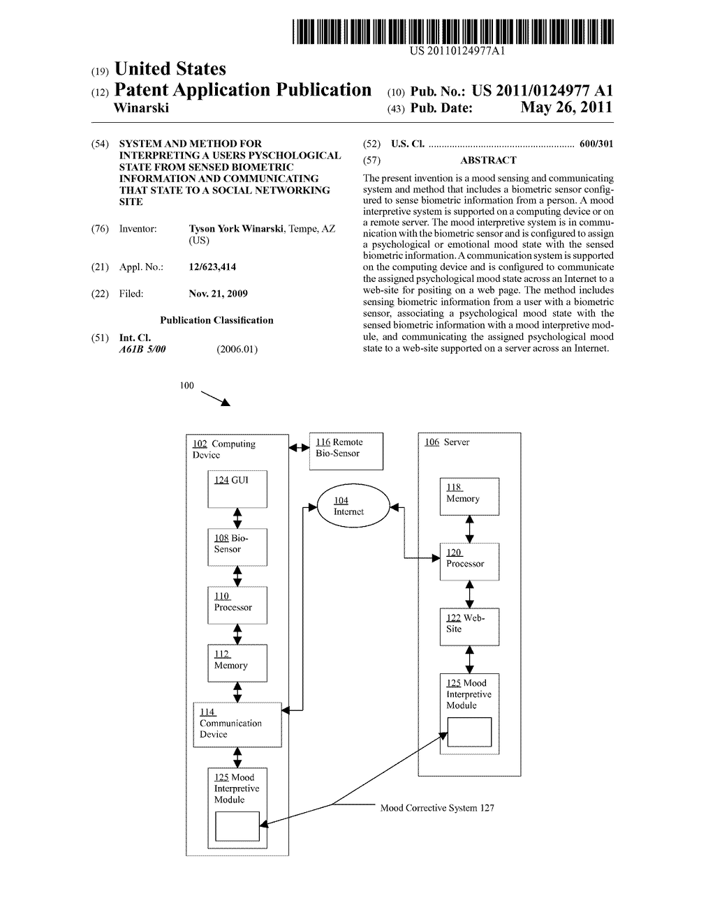SYSTEM AND METHOD FOR INTERPRETING A USERS PYSCHOLOGICAL STATE FROM SENSED BIOMETRIC INFORMATION AND COMMUNICATING THAT STATE TO A SOCIAL NETWORKING SITE - diagram, schematic, and image 01