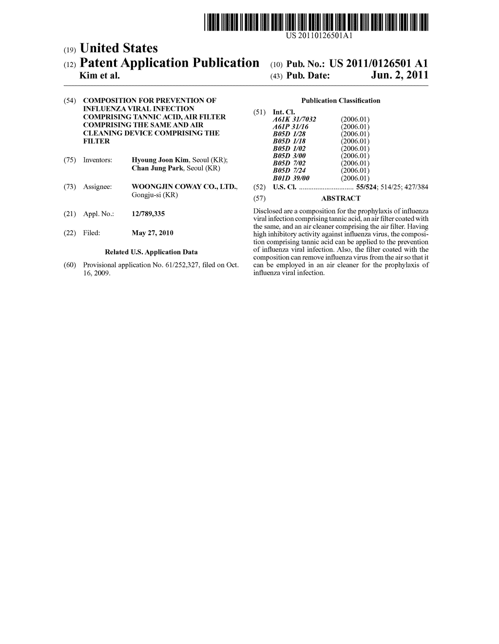 COMPOSITION FOR PREVENTION OF INFLUENZA VIRAL INFECTION COMPRISING TANNIC     ACID, AIR FILTER COMPRISING THE SAME AND AIR CLEANING DEVICE COMPRISING     THE FILTER - diagram, schematic, and image 01