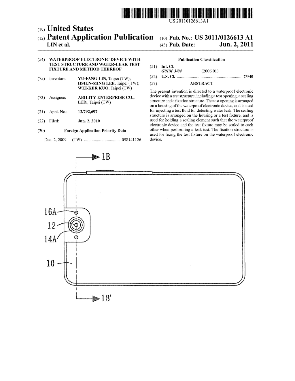 WATERPROOF ELECTRONIC DEVICE WITH TEST STRUCTURE AND WATER-LEAK TEST     FIXTURE AND METHOD THEREOF - diagram, schematic, and image 01