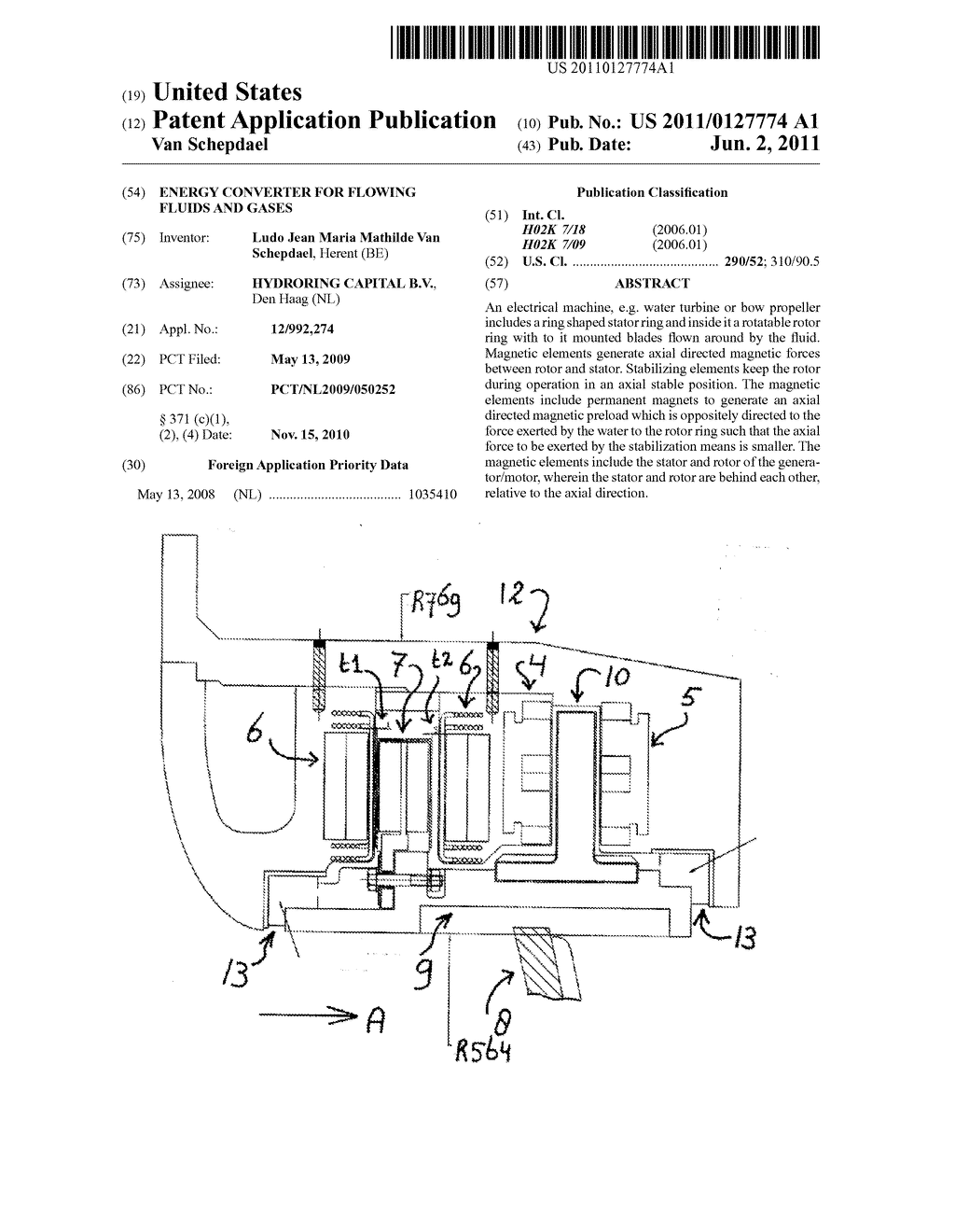 Energy converter for flowing fluids and gases - diagram, schematic, and image 01