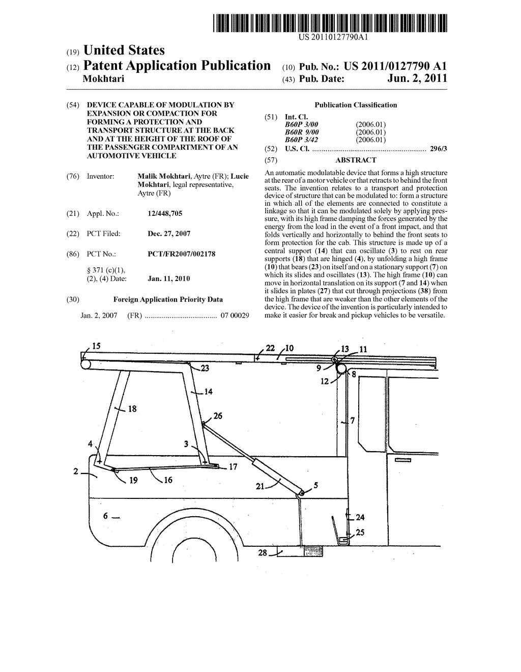 DEVICE CAPABLE OF MODULATION BY EXPANSION OR COMPACTION FOR FORMING A     PROTECTION AND  TRANSPORT STRUCTURE AT THE BACK AND AT THE HEIGHT OF THE     ROOF OF THE PASSENGER COMPARTMENT OF AN AUTOMOTIVE VEHICLE - diagram, schematic, and image 01