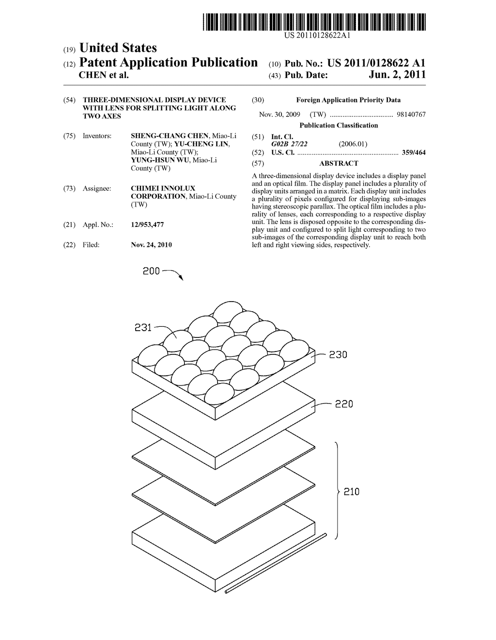 THREE-DIMENSIONAL DISPLAY DEVICE WITH LENS FOR SPLITTING LIGHT ALONG TWO     AXES - diagram, schematic, and image 01