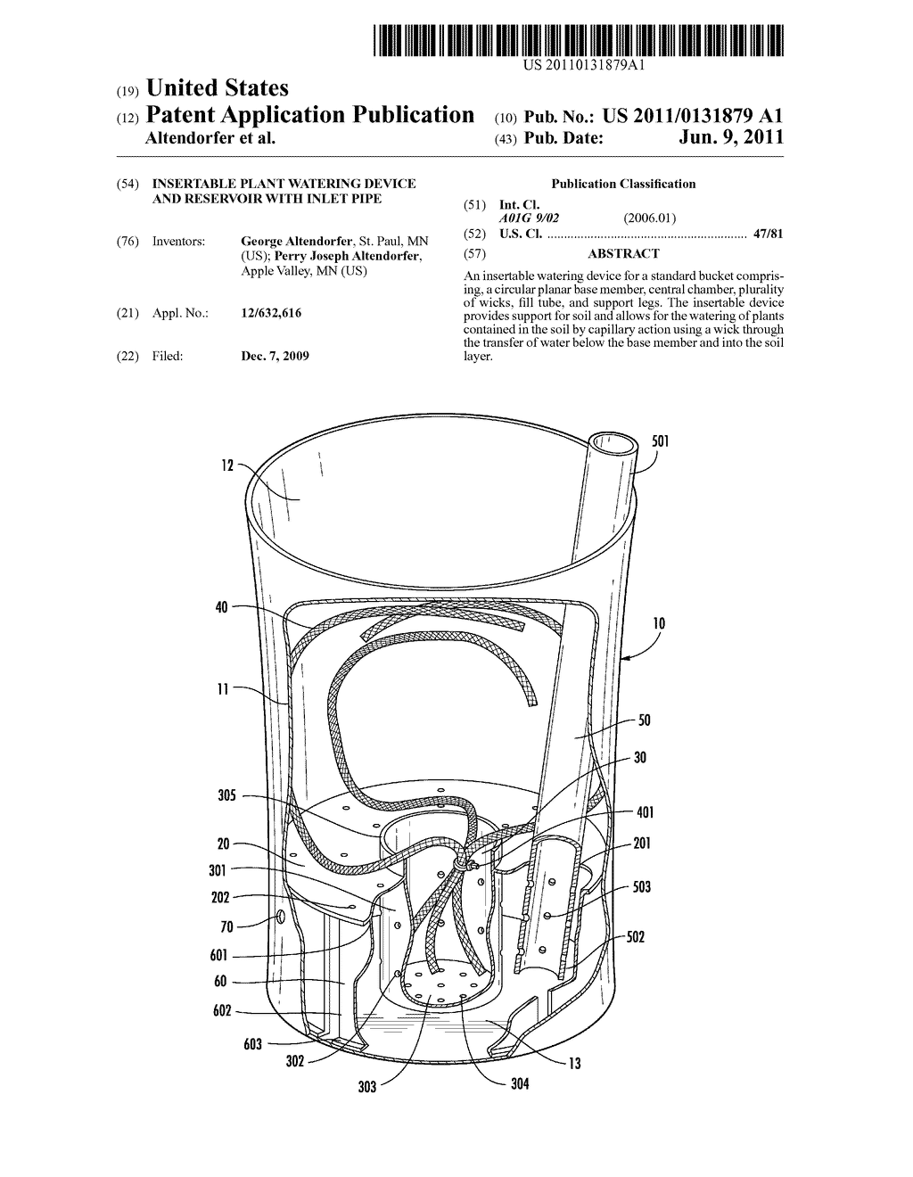 Insertable plant watering device and reservoir with inlet pipe - diagram, schematic, and image 01