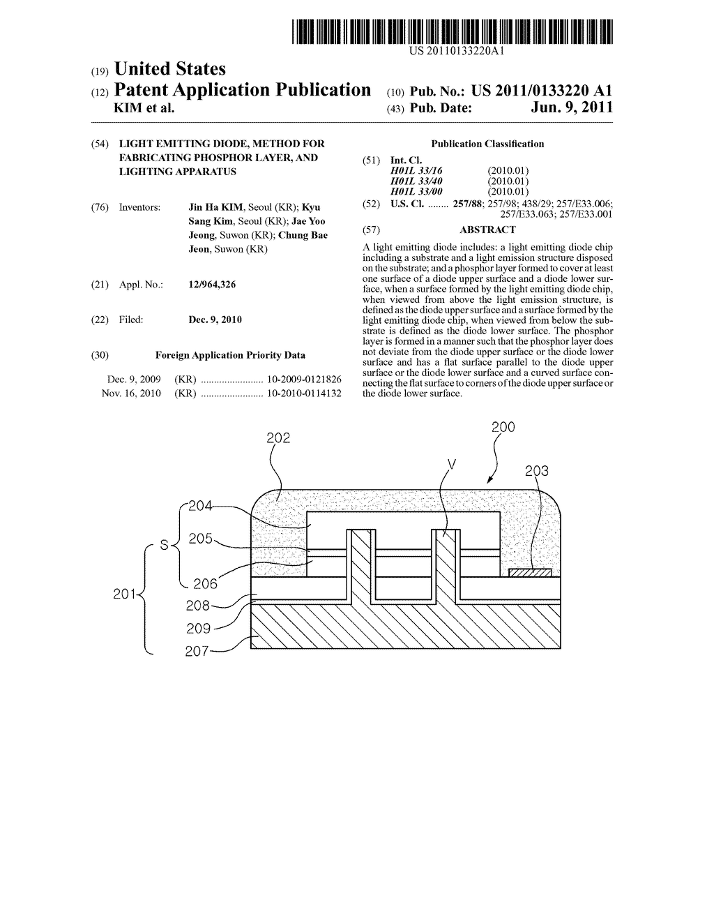 LIGHT EMITTING DIODE, METHOD FOR FABRICATING PHOSPHOR LAYER, AND LIGHTING     APPARATUS - diagram, schematic, and image 01