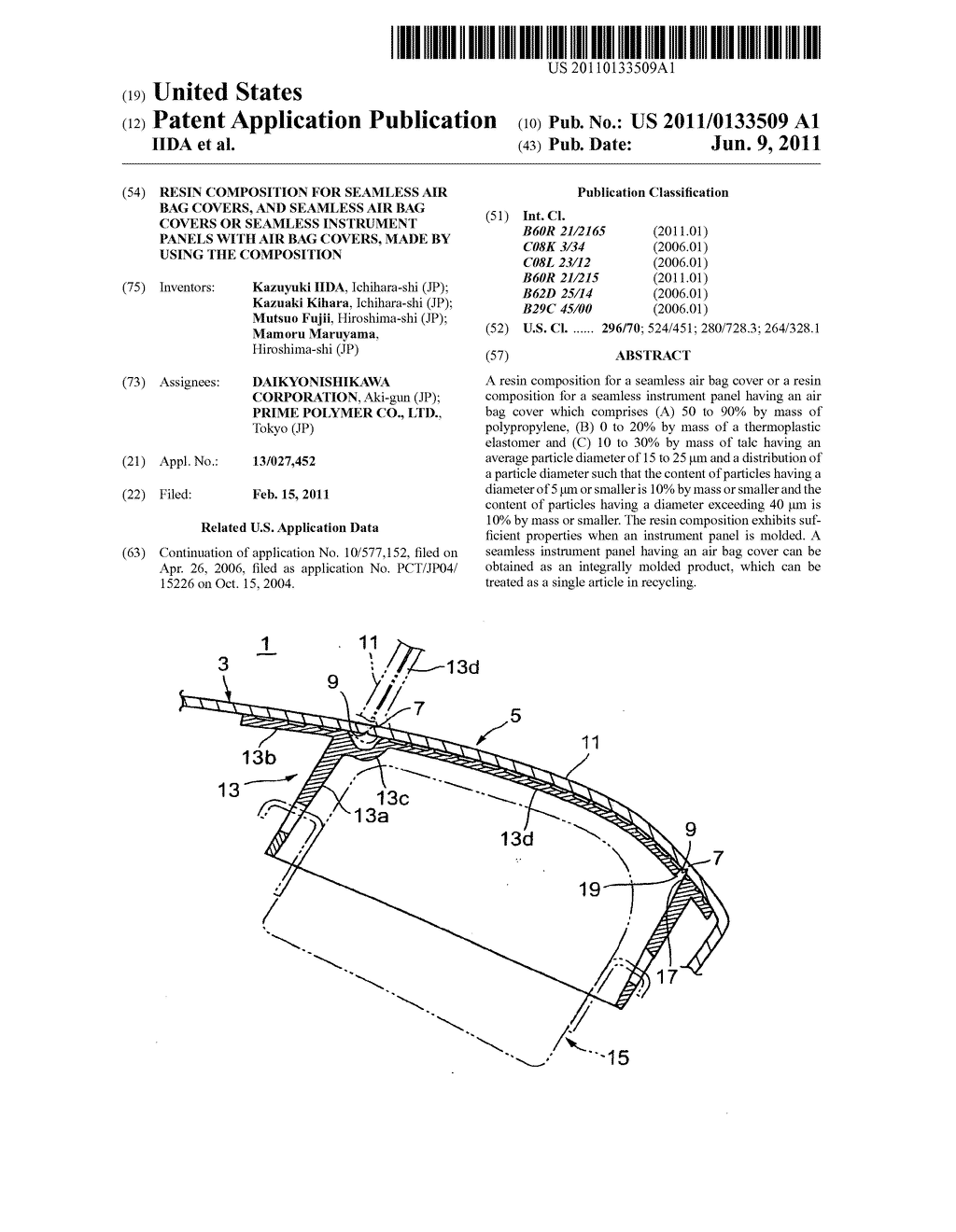 Resin composition for seamless air bag covers, and seamless air bag covers     or seamless instrument panels with air bag covers, made by using the     composition - diagram, schematic, and image 01