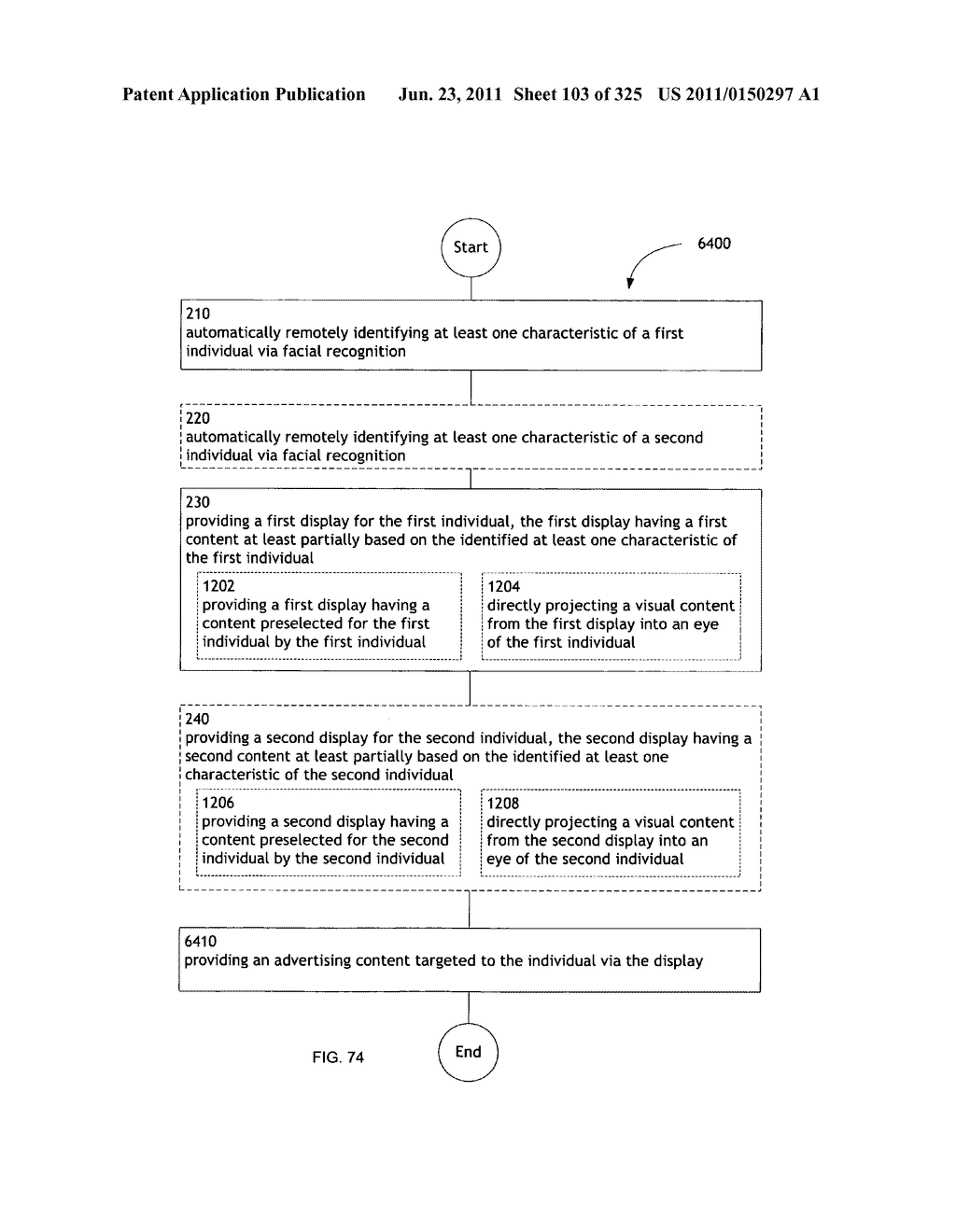 Identifying a characteristic of an individual utilizing facial recognition     and providing a display for the individual - diagram, schematic, and image 104