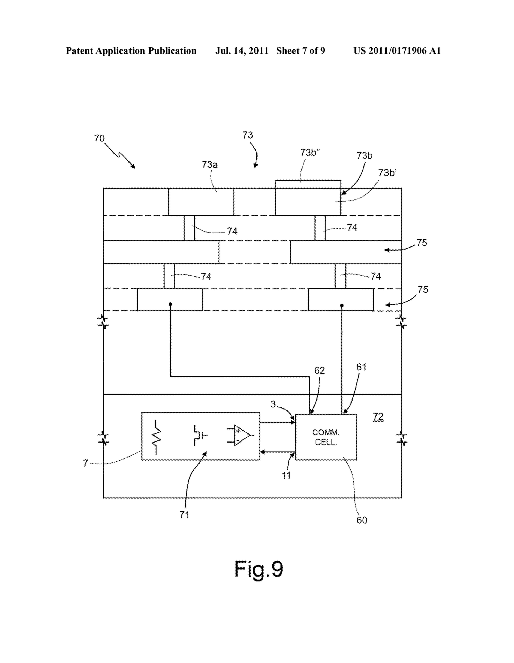 COMMUNICATION CELL FOR AN INTEGRATED CIRCUIT, CHIP COMPRISING SAID     COMMUNICATION CELL, ELECTRONIC SYSTEM INCLUDING THE CHIP, AND TEST     APPARATUS - diagram, schematic, and image 08