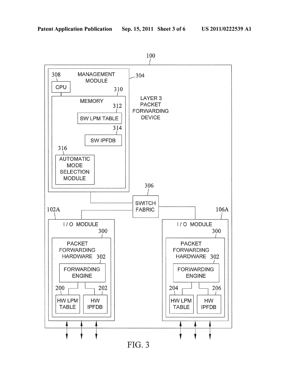 METHODS, SYSTEMS, AND COMPUTER READABLE MEDIA FOR AUTOMATICALLY SELECTING     BETWEEN INTERNET PROTOCOL SWITCHING MODES ON A PER-MODULE BASIS IN A     PACKET FORWARDING DEVICE - diagram, schematic, and image 04