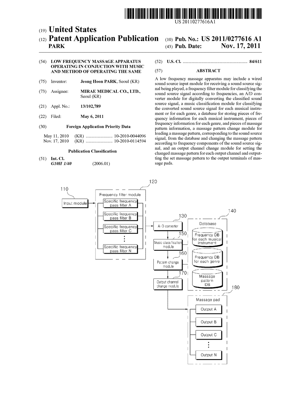 LOW FREQUENCY MASSAGE APPARATUS OPERATING IN CONJUCTION WITH MUSIC AND     METHOD OF OPERATING THE SAME - diagram, schematic, and image 01