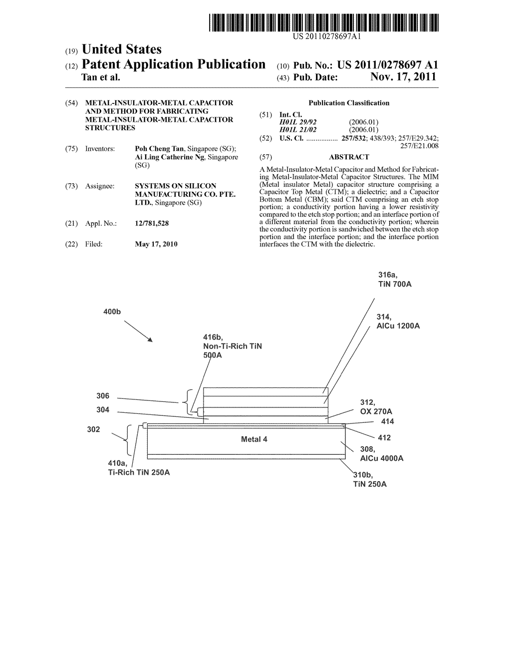 METAL-INSULATOR-METAL CAPACITOR AND METHOD FOR FABRICATING     METAL-INSULATOR-METAL CAPACITOR STRUCTURES - diagram, schematic, and image 01