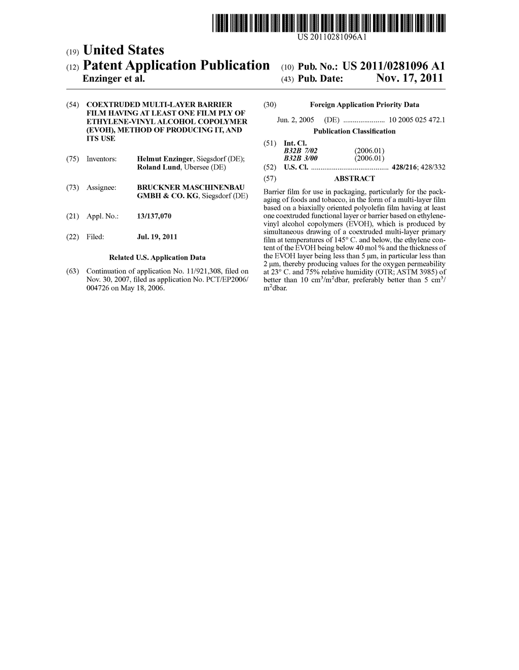 Coextruded multi-layer barrier film having at least one film ply of     ethylene-vinyl alcohol copolymer (EVOH), method of producing it, and its     use - diagram, schematic, and image 01