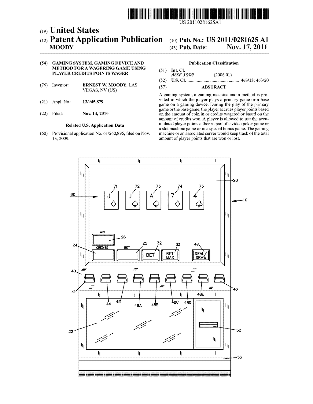 GAMING SYSTEM, GAMING DEVICE AND METHOD FOR A WAGERING GAME USING PLAYER     CREDITS POINTS WAGER - diagram, schematic, and image 01