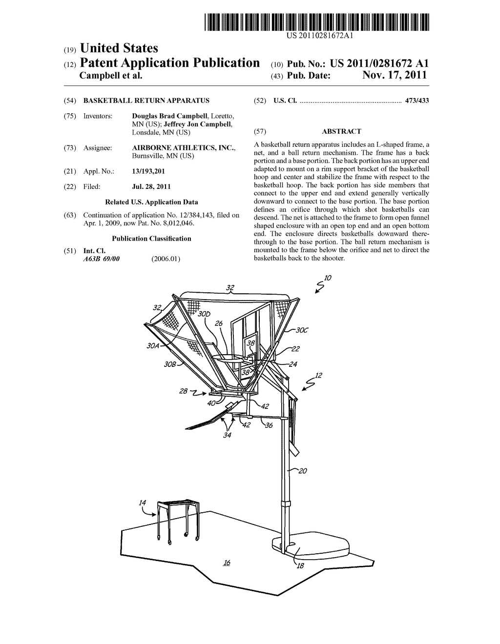 BASKETBALL RETURN APPARATUS - diagram, schematic, and image 01