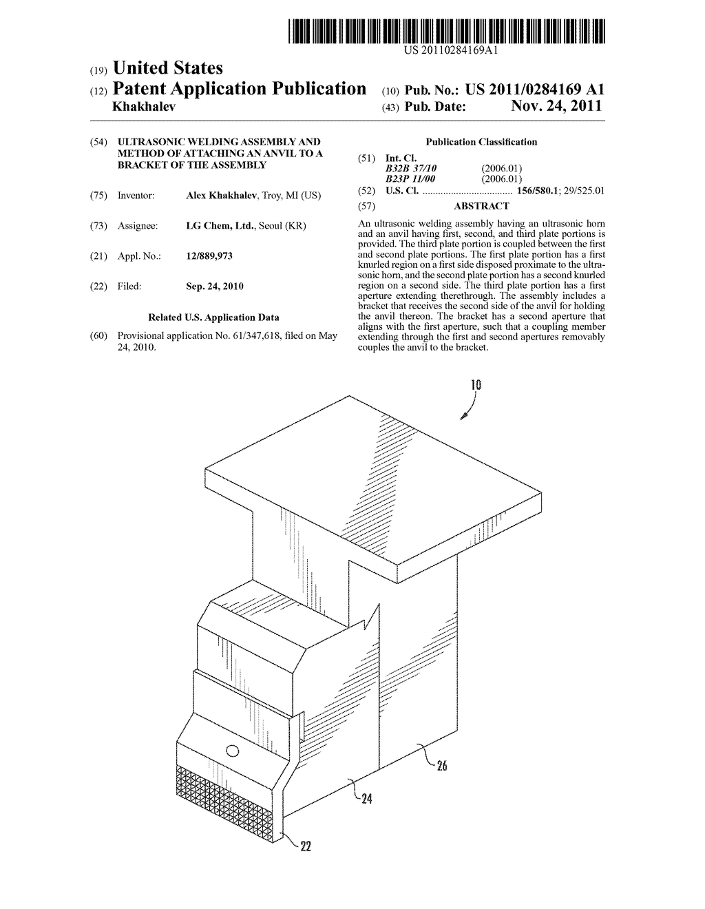 ULTRASONIC WELDING ASSEMBLY AND METHOD OF ATTACHING AN ANVIL TO A BRACKET     OF THE ASSEMBLY - diagram, schematic, and image 01