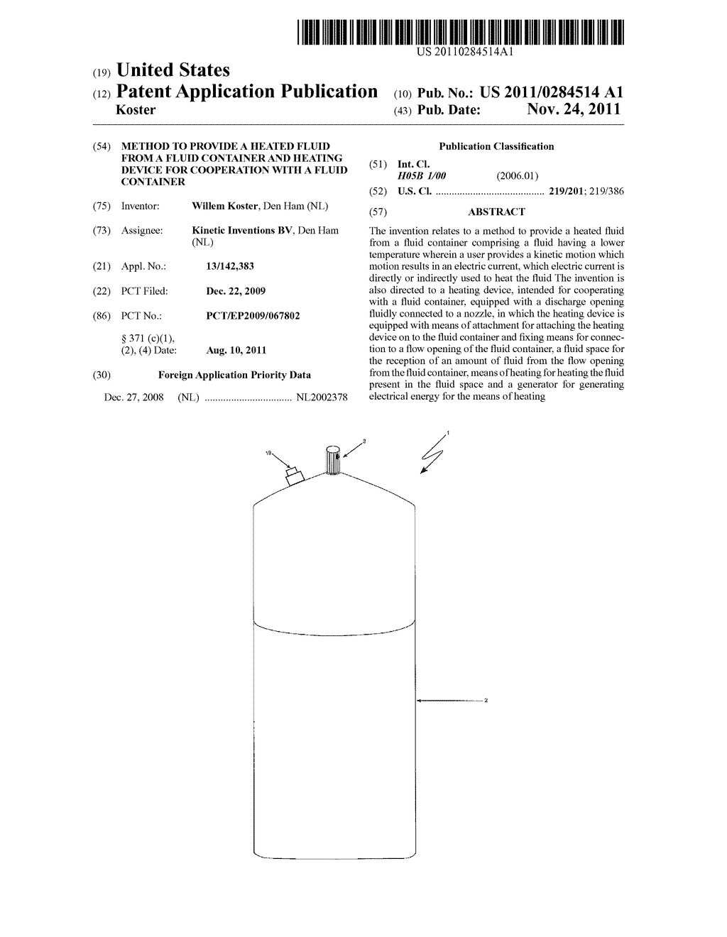 METHOD TO PROVIDE A HEATED FLUID FROM A FLUID CONTAINER AND HEATING DEVICE     FOR COOPERATION WITH A FLUID CONTAINER - diagram, schematic, and image 01