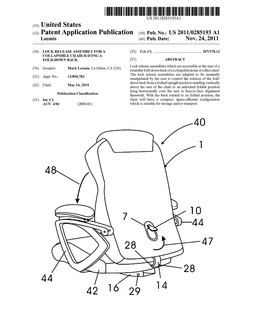 Lock release assembly for a collapsible chair having a fold-down back - diagram, schematic, and image 01