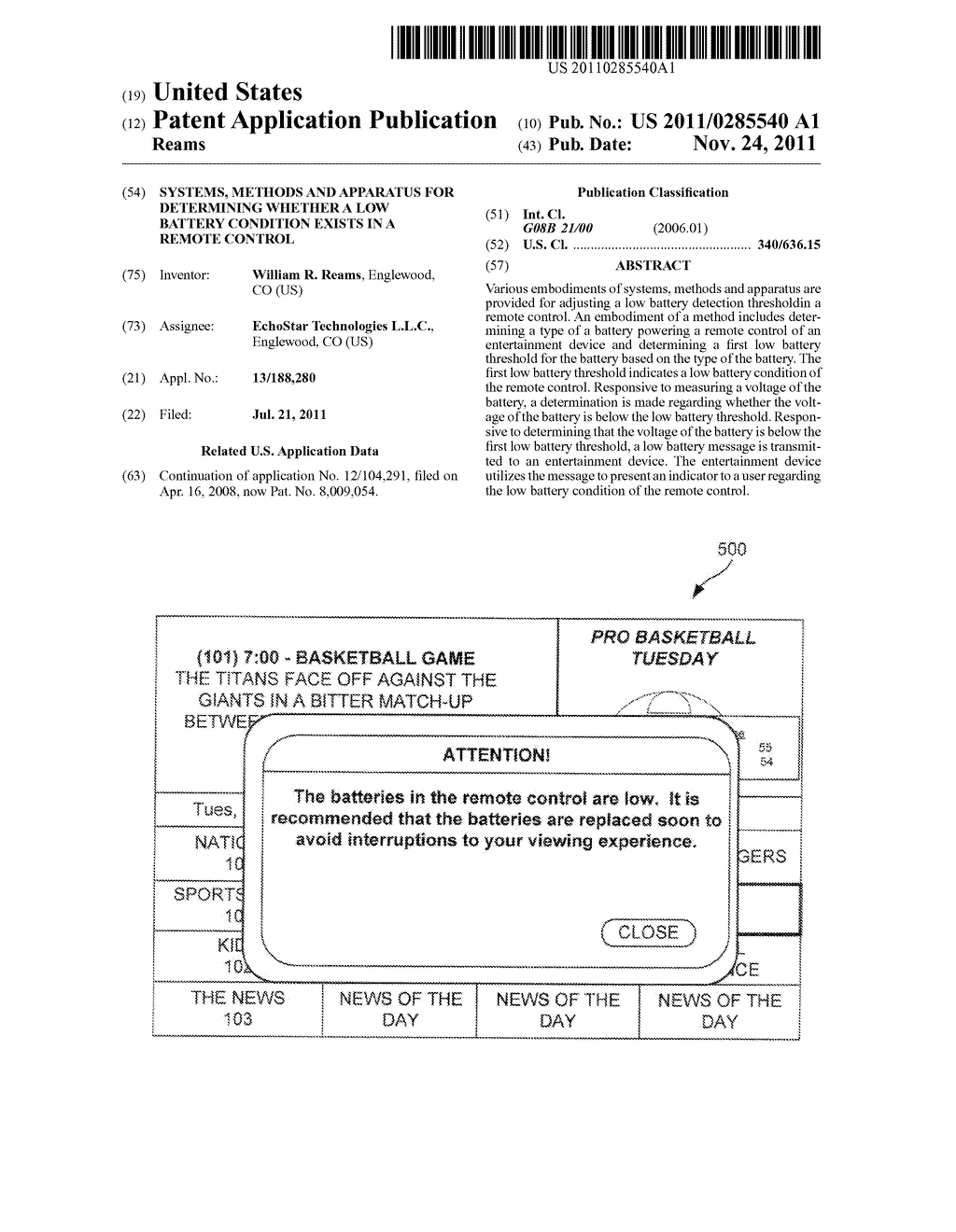 SYSTEMS, METHODS AND APPARATUS FOR DETERMINING WHETHER A LOW BATTERY     CONDITION EXISTS IN A REMOTE CONTROL - diagram, schematic, and image 01