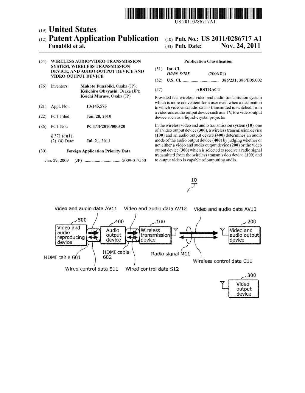 WIRELESS AUDIO/VIDEO TRANSMISSION SYSTEM, WIRELESS TRANSMISSION DEVICE,     AND AUDIO OUTPUT DEVICE AND VIDEO OUTPUT DEVICE - diagram, schematic, and image 01