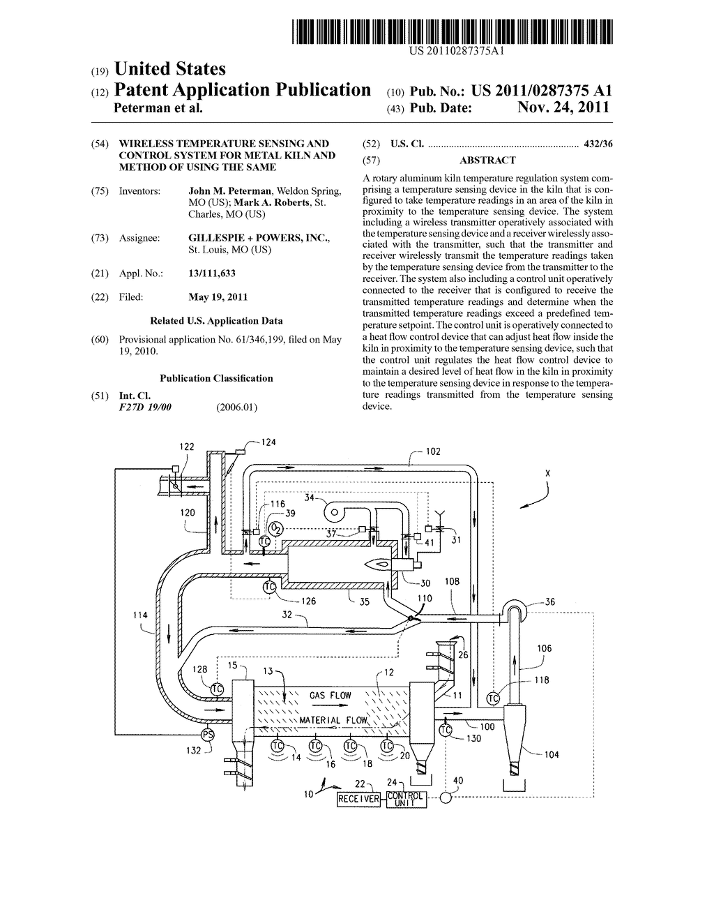WIRELESS TEMPERATURE SENSING AND CONTROL SYSTEM FOR METAL KILN AND METHOD     OF USING THE SAME - diagram, schematic, and image 01