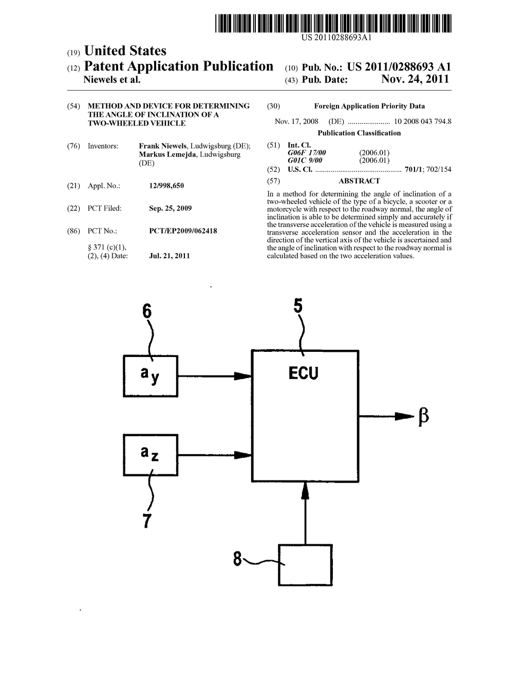 METHOD AND DEVICE FOR DETERMINING THE ANGLE OF INCLINATION OF A     TWO-WHEELED VEHICLE - diagram, schematic, and image 01