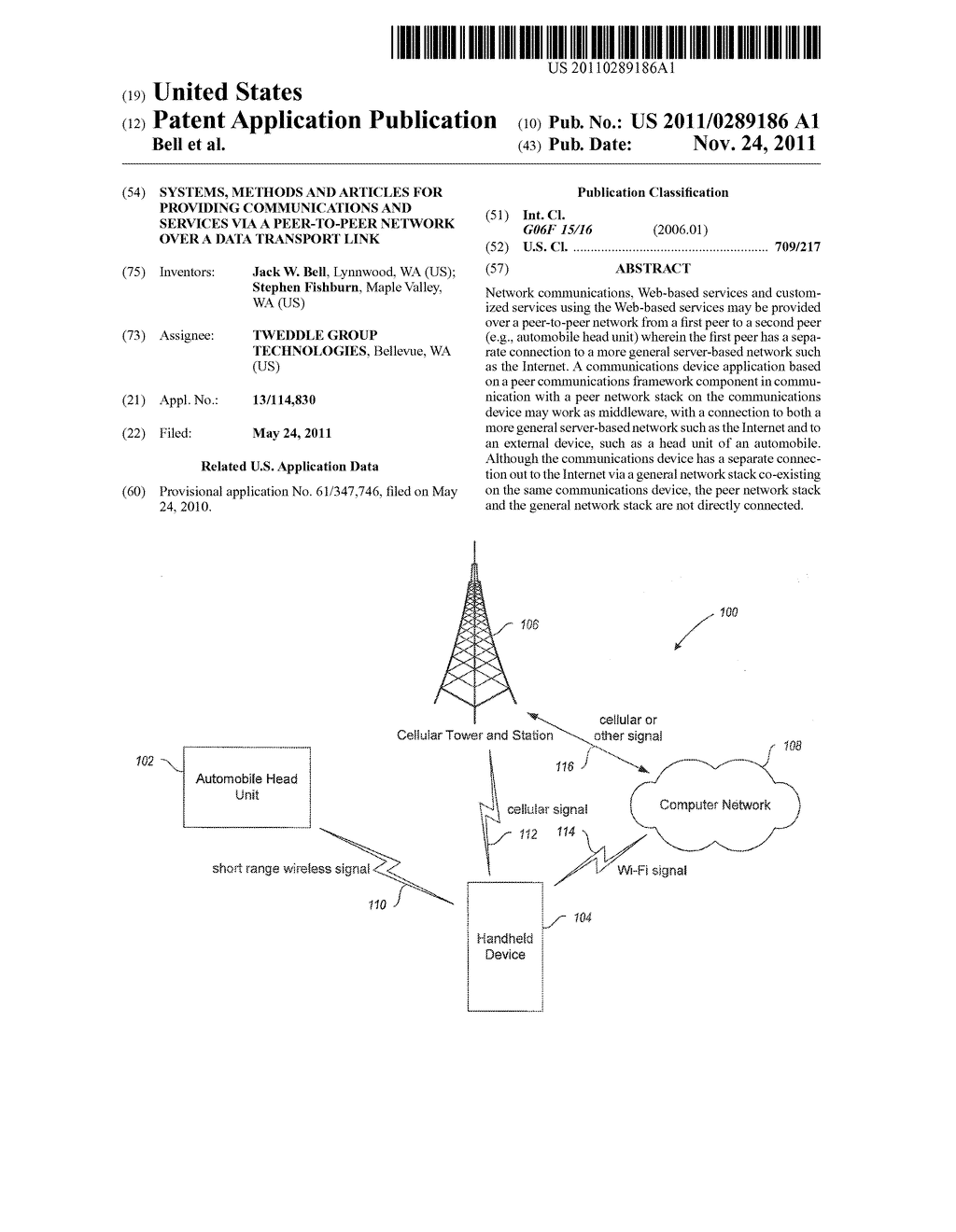 SYSTEMS, METHODS AND ARTICLES FOR PROVIDING COMMUNICATIONS AND SERVICES     VIA A PEER-TO-PEER NETWORK OVER A DATA TRANSPORT LINK - diagram, schematic, and image 01