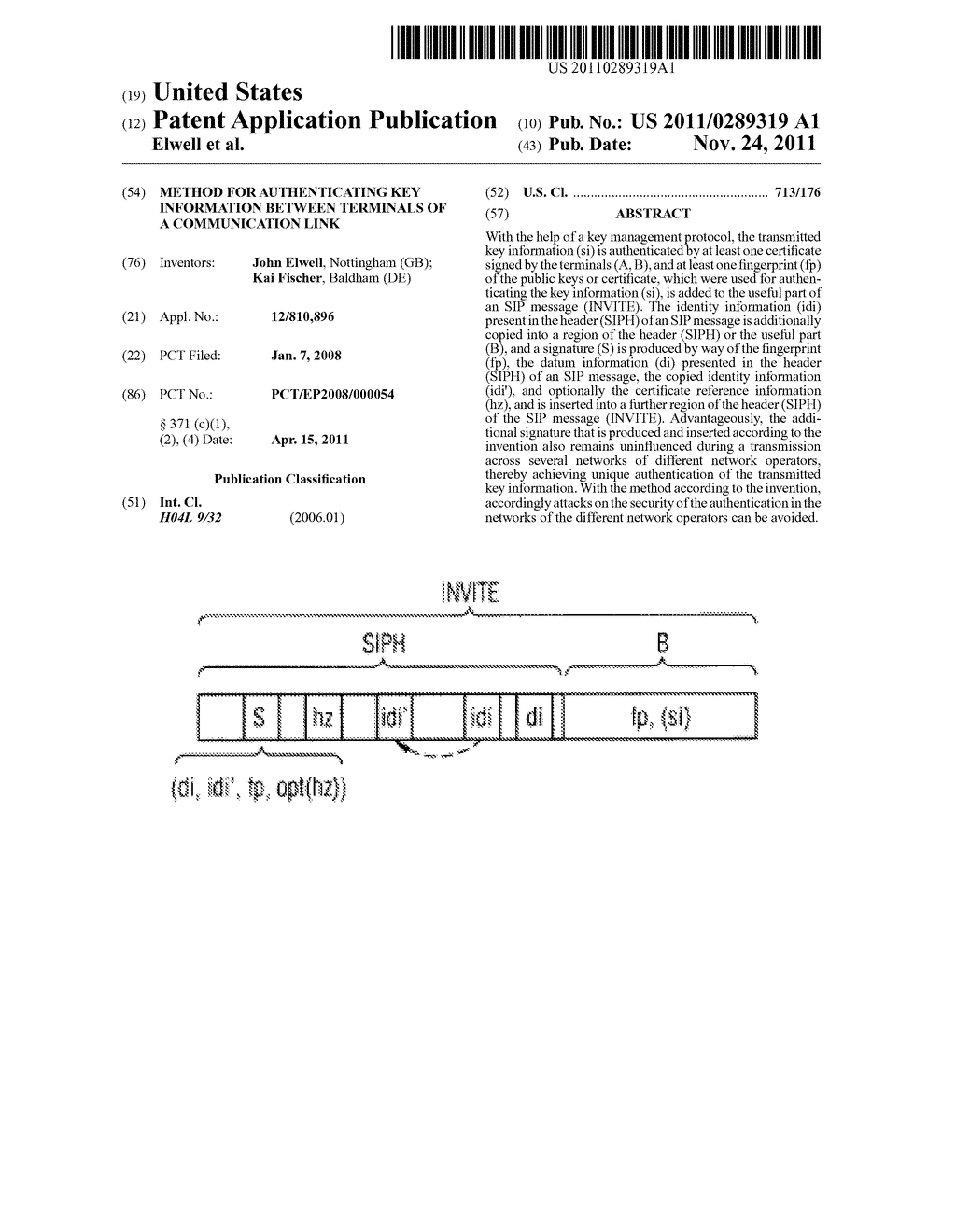 METHOD FOR AUTHENTICATING KEY INFORMATION BETWEEN TERMINALS OF A     COMMUNICATION LINK - diagram, schematic, and image 01