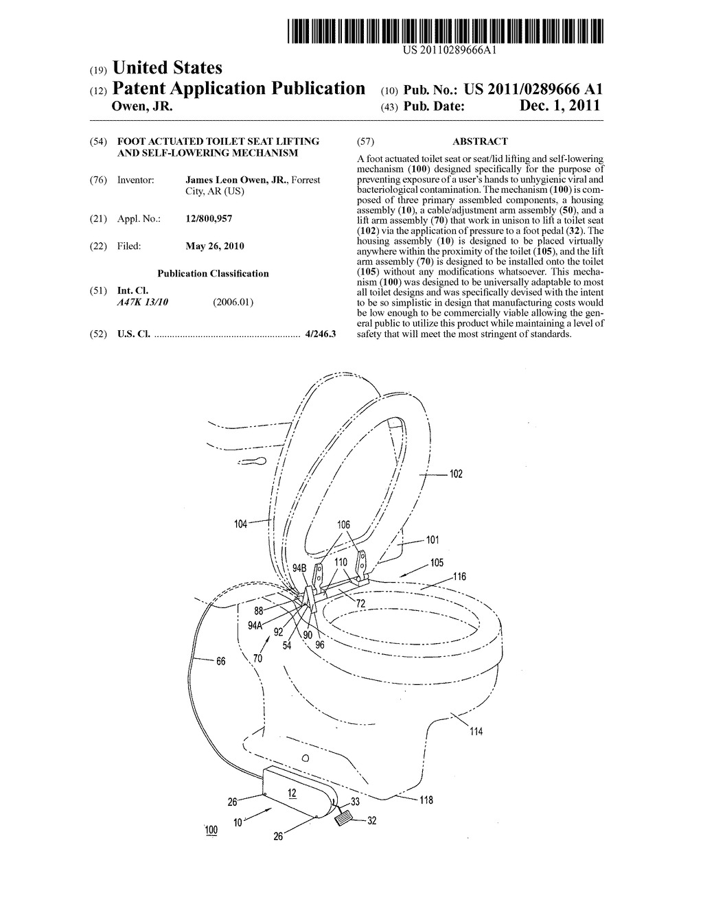 Foot actuated toilet seat lifting and self-lowering mechanism - diagram, schematic, and image 01