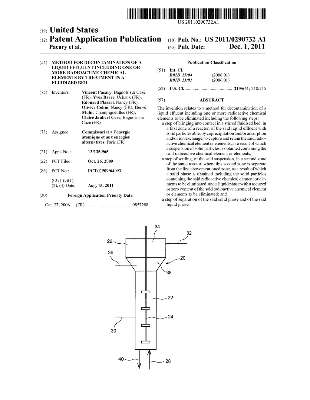 METHOD FOR DECONTAMINATION OF A LIQUID EFFLUENT INCLUDING ONE OR MORE     RADIOACTIVE CHEMICAL ELEMENTS BY TREATMENT IN A FLUIDIZED BED - diagram, schematic, and image 01