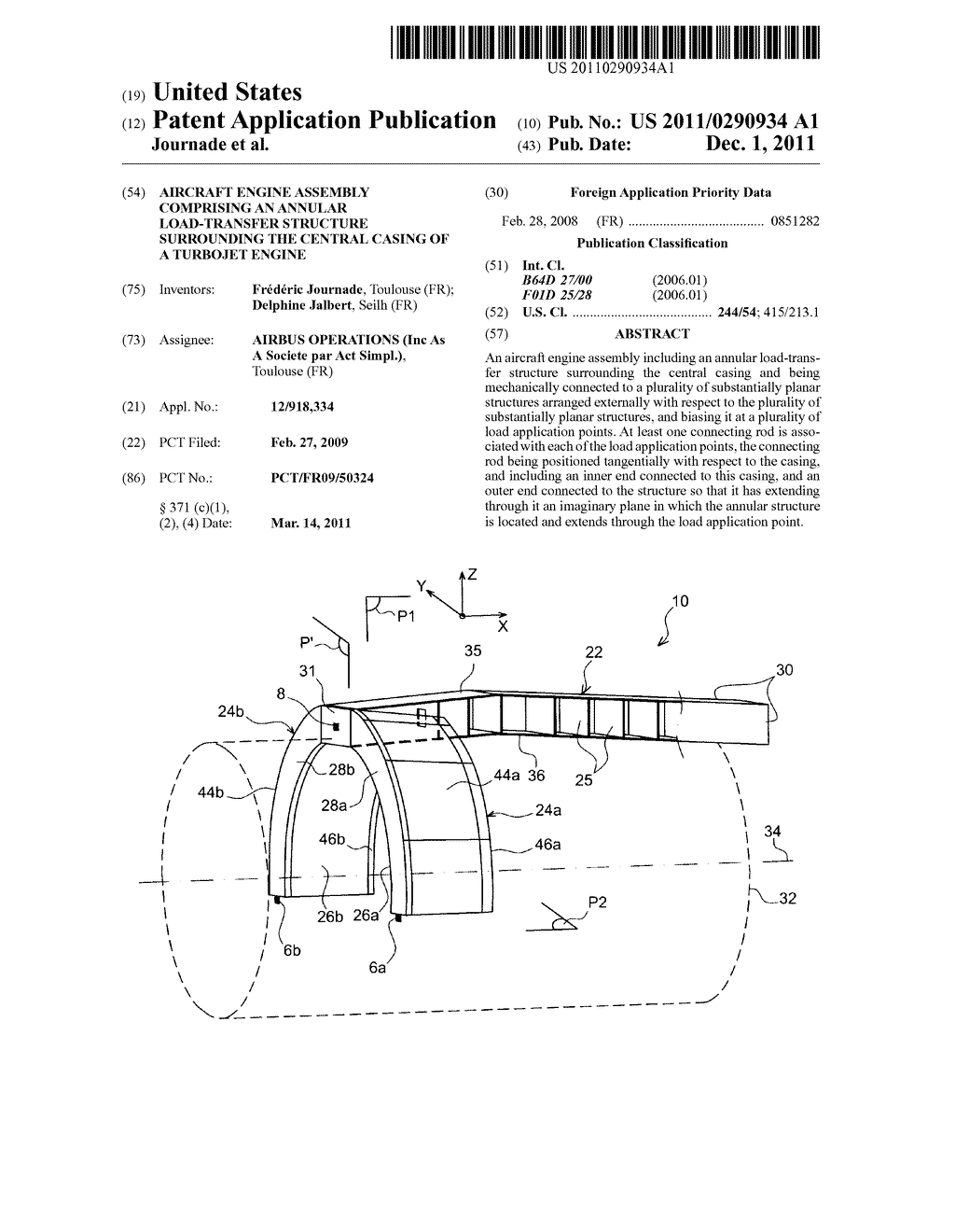 AIRCRAFT ENGINE ASSEMBLY COMPRISING AN ANNULAR LOAD-TRANSFER STRUCTURE     SURROUNDING THE CENTRAL CASING OF A TURBOJET ENGINE - diagram, schematic, and image 01