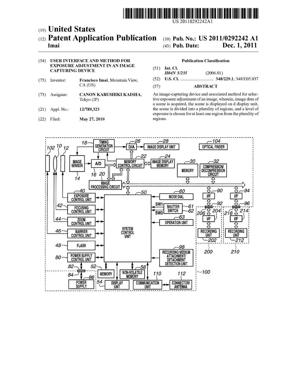 USER INTERFACE AND METHOD FOR EXPOSURE ADJUSTMENT IN AN IMAGE CAPTURING     DEVICE - diagram, schematic, and image 01