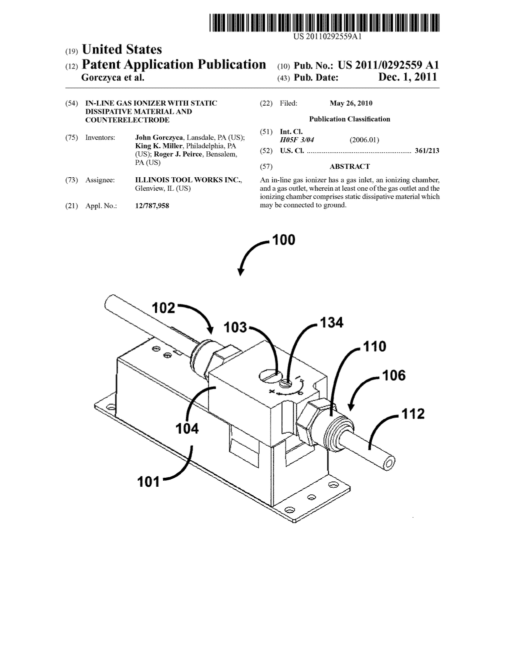 IN-LINE GAS IONIZER WITH STATIC DISSIPATIVE MATERIAL AND COUNTERELECTRODE - diagram, schematic, and image 01