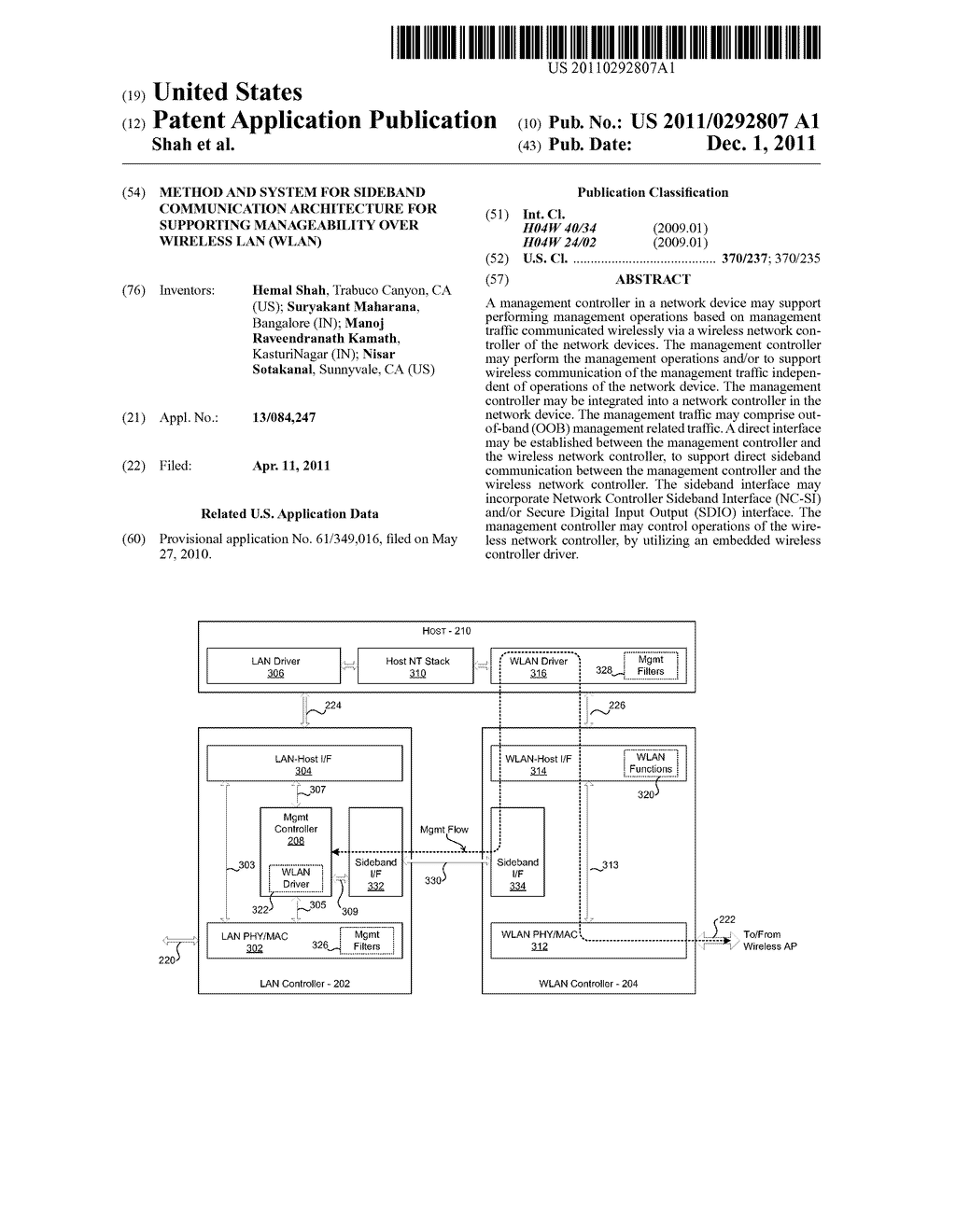 METHOD AND SYSTEM FOR SIDEBAND COMMUNICATION ARCHITECTURE FOR SUPPORTING     MANAGEABILITY OVER WIRELESS LAN (WLAN) - diagram, schematic, and image 01