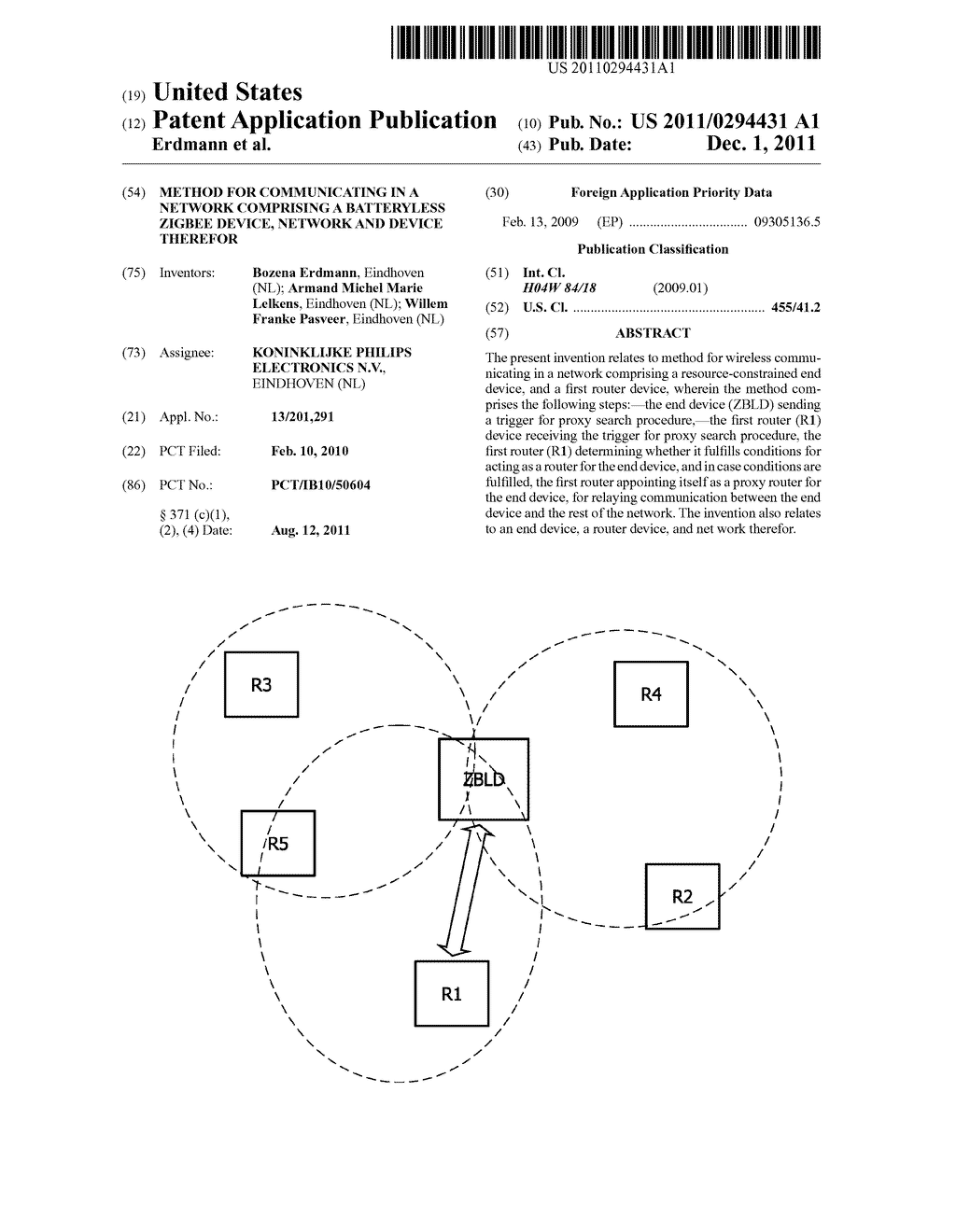 METHOD FOR COMMUNICATING IN A NETWORK COMPRISING A BATTERYLESS ZIGBEE     DEVICE, NETWORK AND DEVICE THEREFOR - diagram, schematic, and image 01