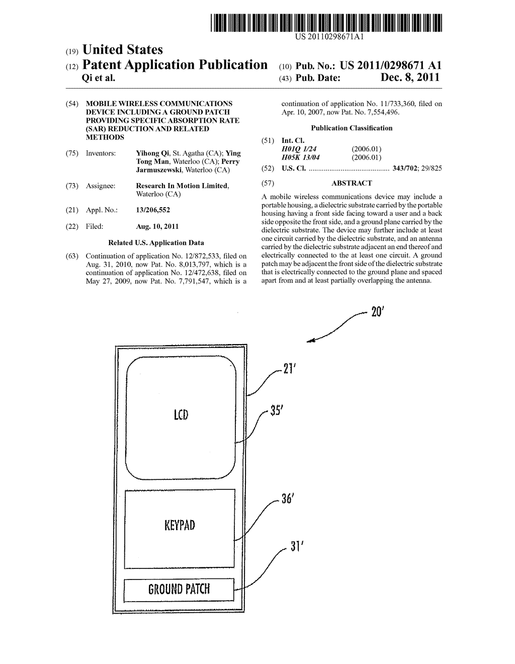 MOBILE WIRELESS COMMUNICATIONS DEVICE INCLUDING A GROUND PATCH PROVIDING     SPECIFIC ABSORPTION RATE (SAR) REDUCTION AND RELATED METHODS - diagram, schematic, and image 01