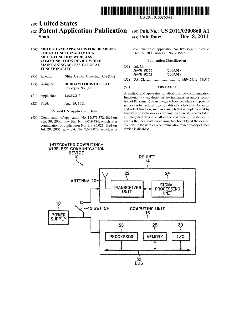 METHOD AND APPARATUS FOR DISABLING THE RF FUNCTIONALITY OF A     MULTI-FUNCTION WIRELESS COMMUNICATION DEVICE WHILE MAINTAINING ACCESS TO     LOCAL FUNCTIONALITY - diagram, schematic, and image 01