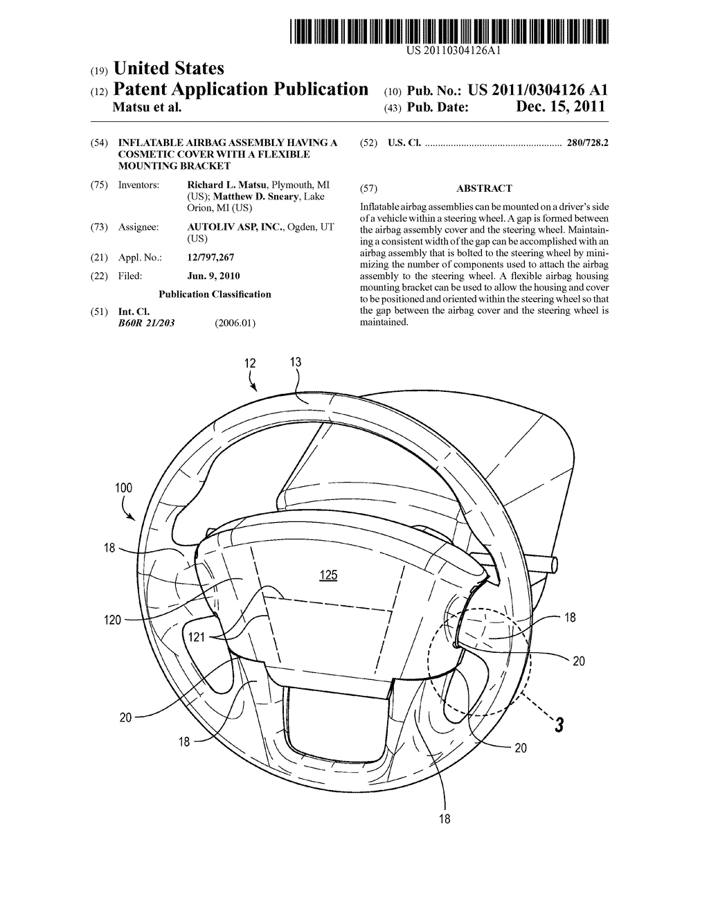 INFLATABLE AIRBAG ASSEMBLY HAVING A COSMETIC COVER WITH A FLEXIBLE     MOUNTING BRACKET - diagram, schematic, and image 01