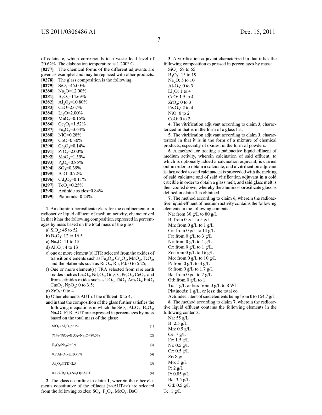 ALUMINO-BOROSILICATE GLASS FOR THE CONFINEMENT OF RADIOACTIVE LIQUID     EFFLUENTS, AND METHOD FOR TREATING RADIOACTIVE LIQUID EFFLUENTS - diagram, schematic, and image 08