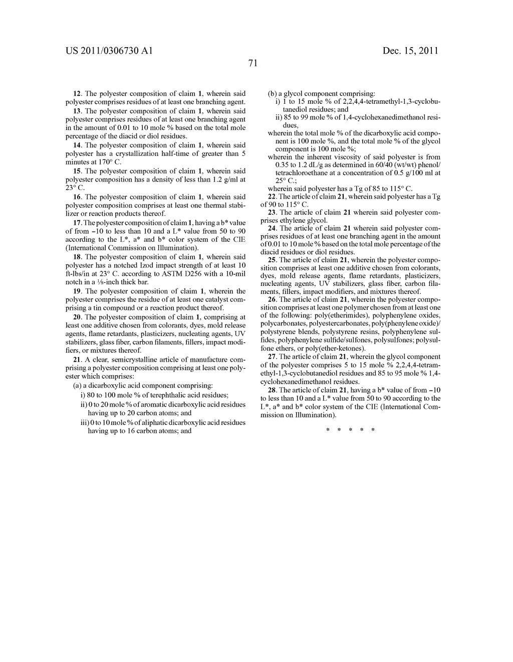 POLYESTER COMPOSITIONS CONTAINING CLYCLOBUTANEDIOL HAVING A CERTAIN     COMBINATION OF INHERENT VISCOSITY AND MODERATE GLASS TRANSITION     TEMPERATURE AND ARTICLES MADE THEREFROM - diagram, schematic, and image 75