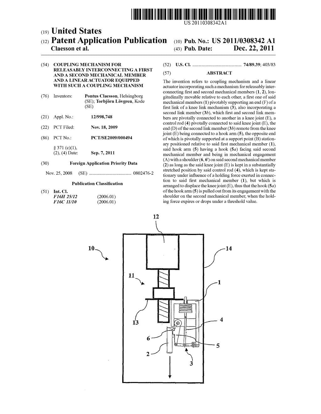 COUPLING MECHANISM FOR RELEASABLY INTERCONNECTING A FIRST AND A SECOND     MECHANICAL MEMBER AND A LINEAR ACTUATOR EQUIPPED WITH SUCH A COUPLING     MECHANISM - diagram, schematic, and image 01