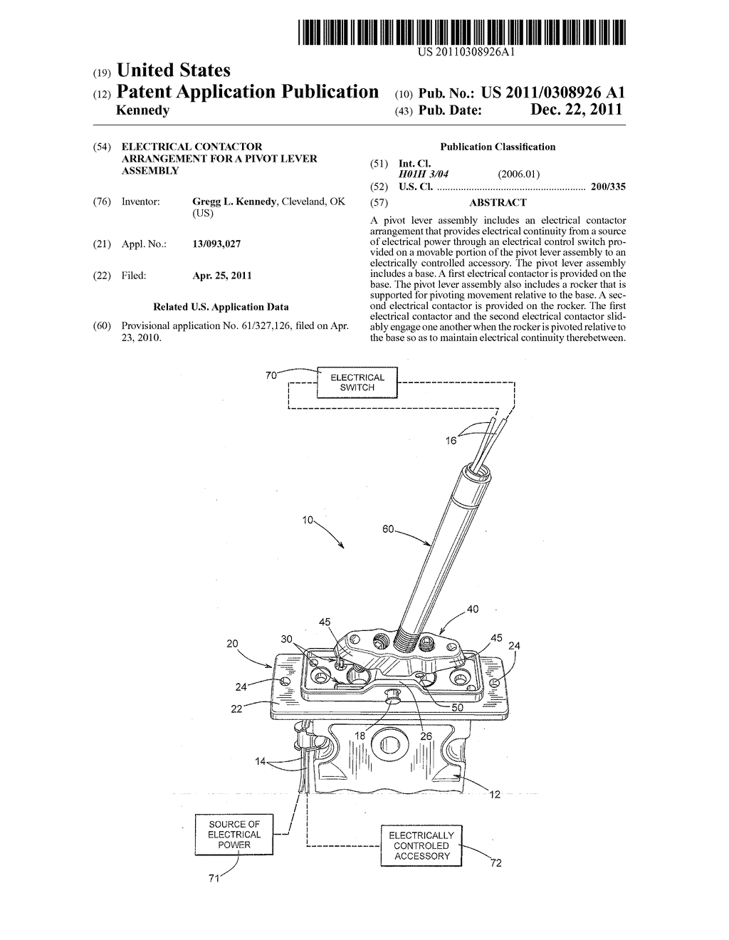 ELECTRICAL CONTACTOR ARRANGEMENT FOR A PIVOT LEVER ASSEMBLY - diagram, schematic, and image 01